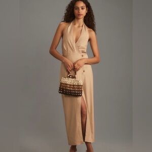 Anthropologie Linen Halter V Neck Column Midi Dress